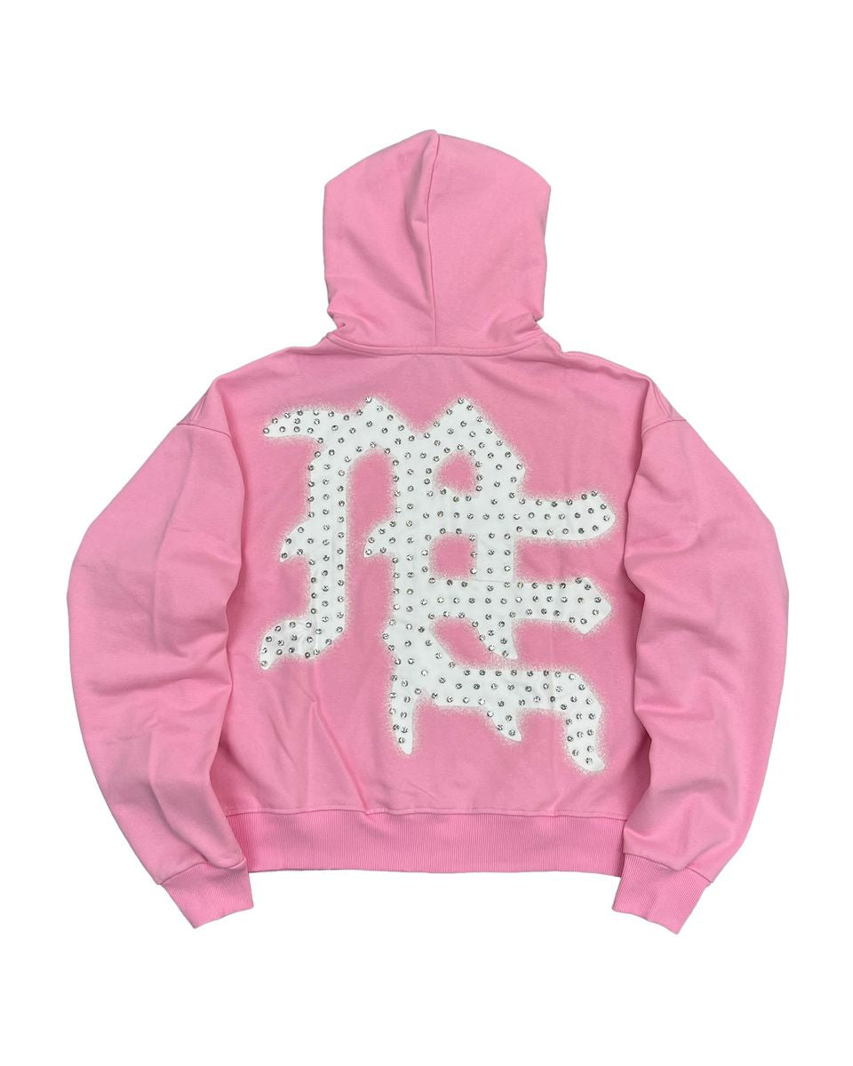 Pink hoodie with white floral pattern on the back against a white background