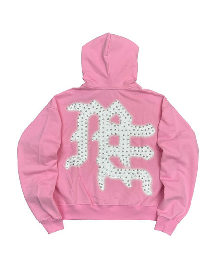 Pink hoodie with white floral pattern on the back against a white background