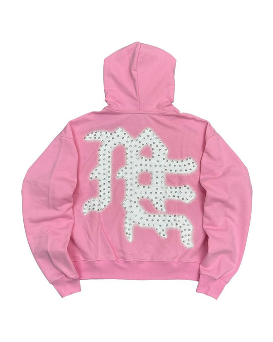 Pink hoodie with white floral pattern on the back against a white background