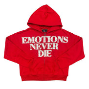 Red hoodie with 'EMOTIONS NEVER DIE' text on a white background