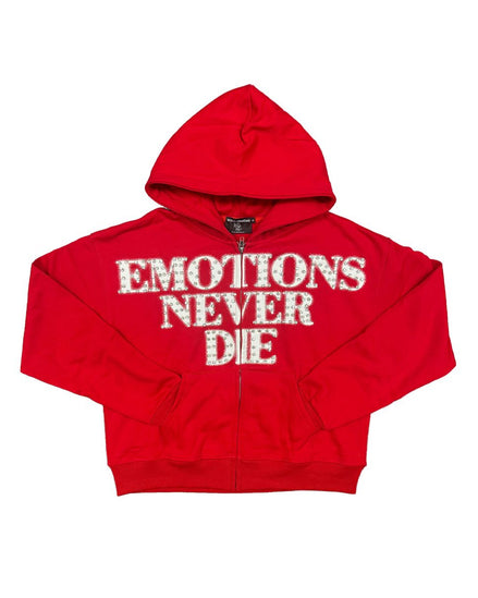 Red hoodie with 'EMOTIONS NEVER DIE' text on a white background