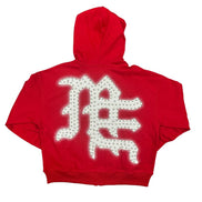 Red hoodie with white graphic design on the back against a white background