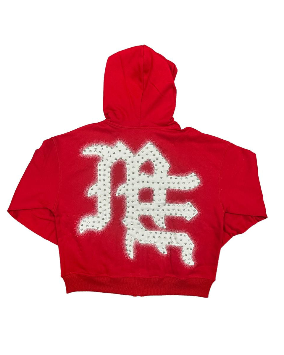 Red hoodie with white graphic design on the back against a white background