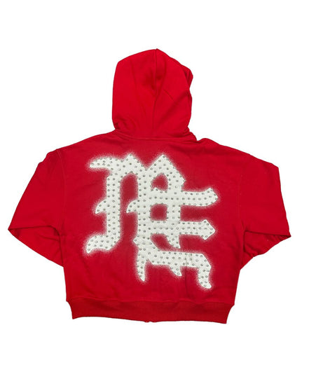 Red hoodie with white graphic design on the back against a white background