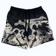 Black shorts with skeleton and guitar design on a white background