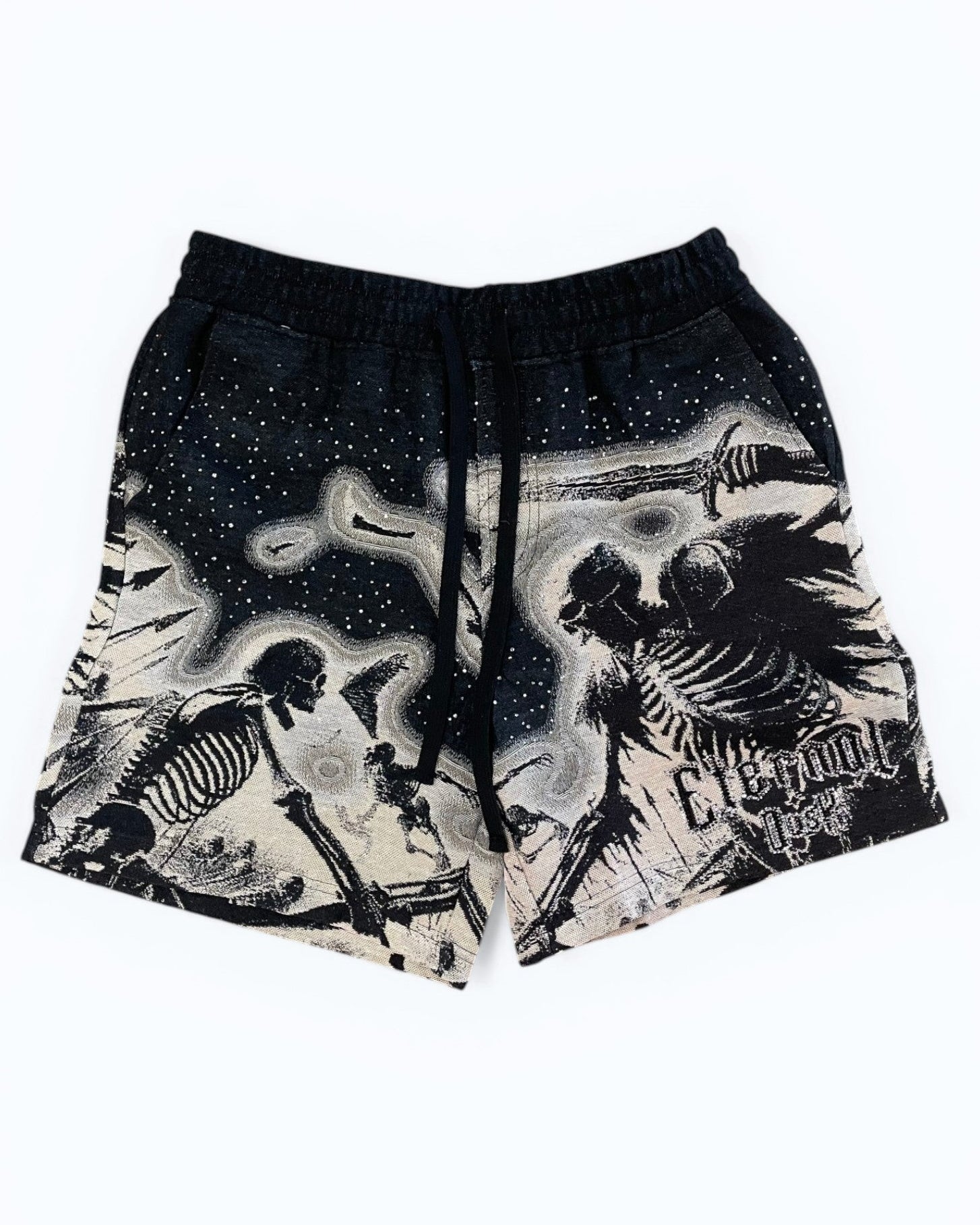 Black shorts with skeleton and guitar design on a white background