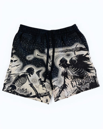 Black shorts with skeleton and guitar design on a white background