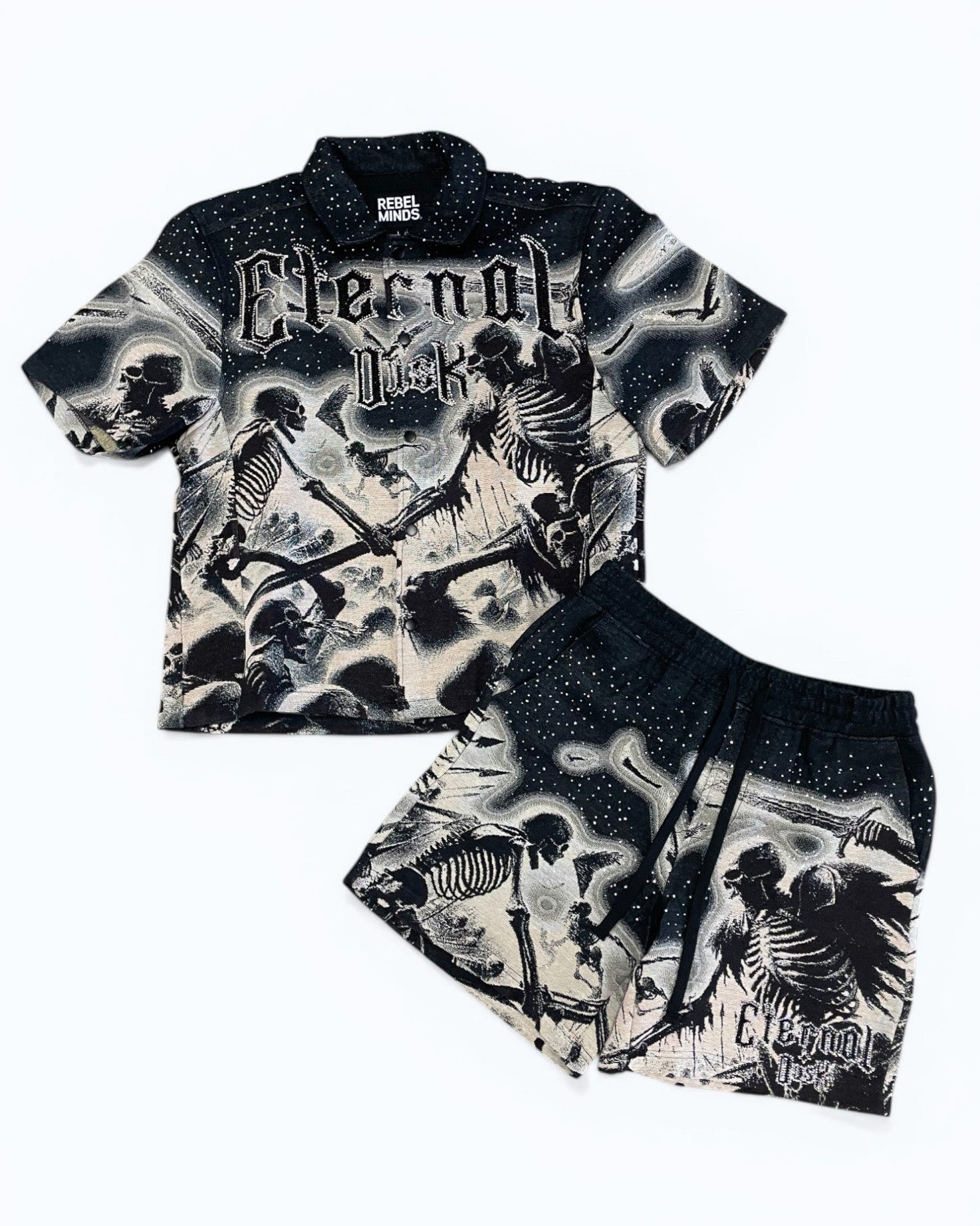 Black and white graphic t-shirt and shorts set with skeleton design on a white background