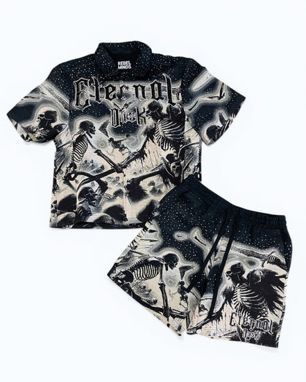 Black and white graphic t-shirt and shorts set with skeleton design on a white background