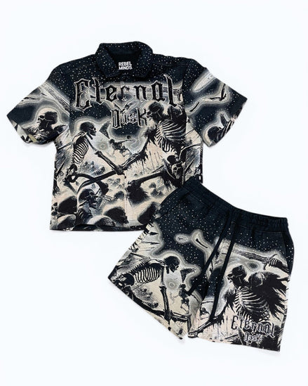 Black and white graphic t-shirt and shorts set with skeleton design on a white background