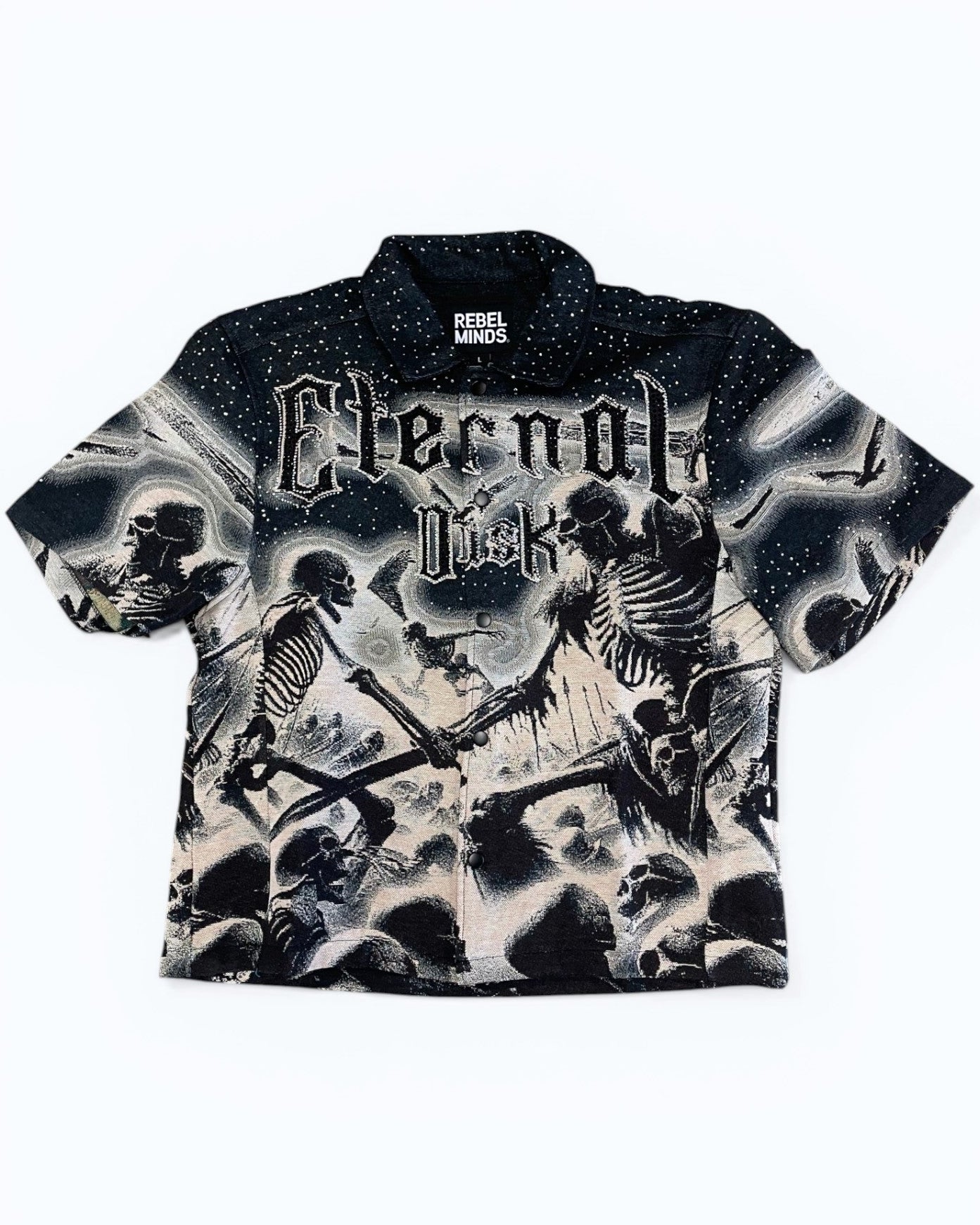 Black and white graphic t-shirt with skeleton design and 'Eternal Dusk' text on a white background
