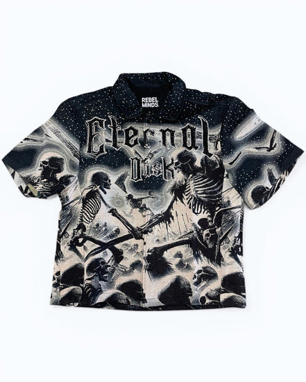 Black and white graphic t-shirt with skeleton design and 'Eternal Dusk' text on a white background