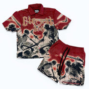 Red and black skeleton-themed shirt and shorts set on a white background