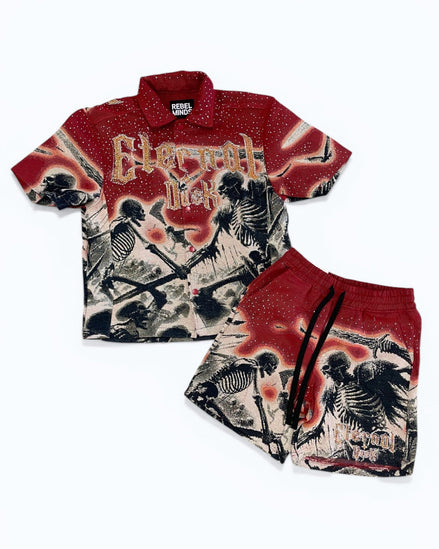 Red and black skeleton-themed shirt and shorts set on a white background