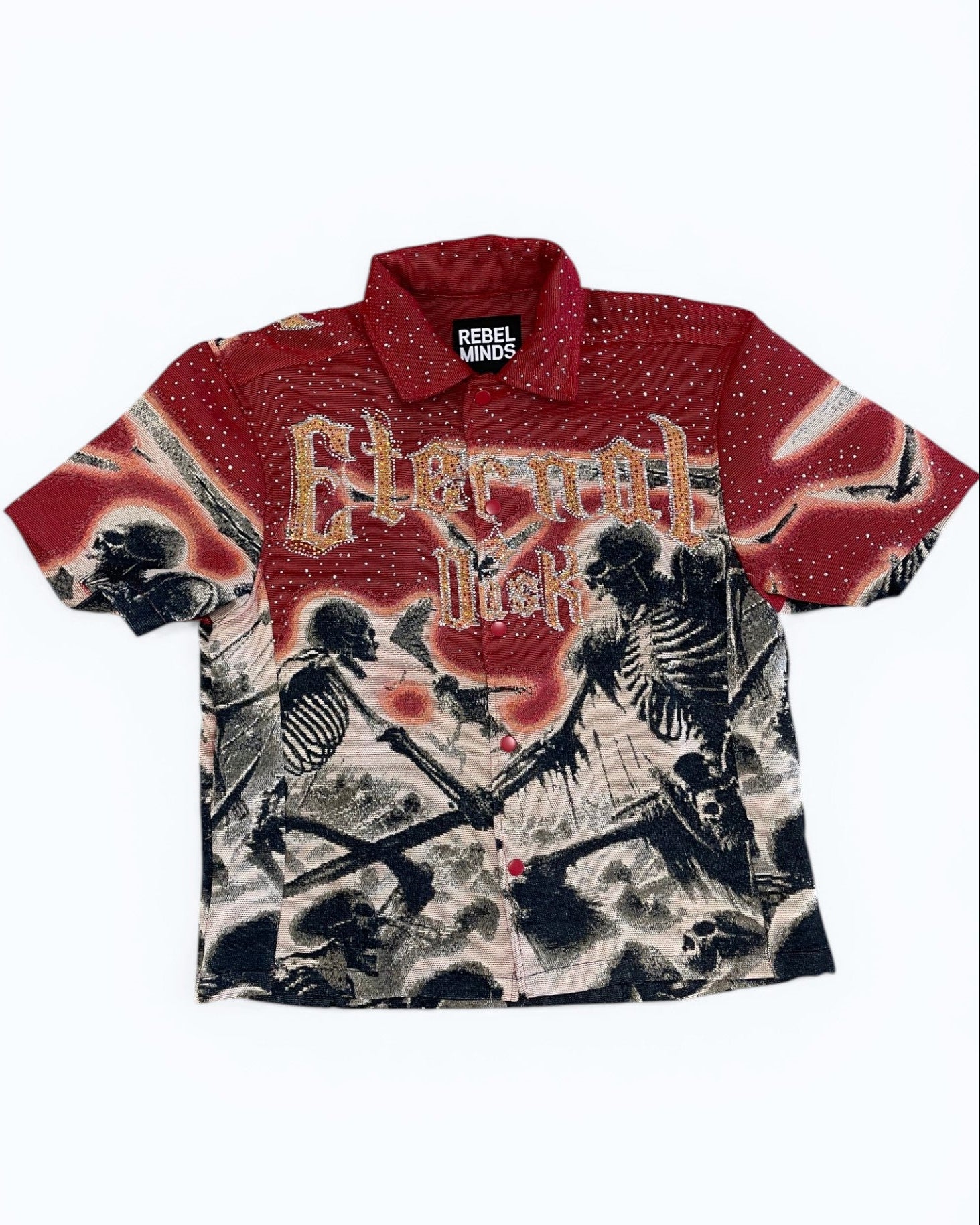 Red and black patterned shirt with 'Eternal Dusk' text on a white background