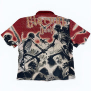 Short-sleeve shirt with a graphic design on the back featuring skeletons and swords.