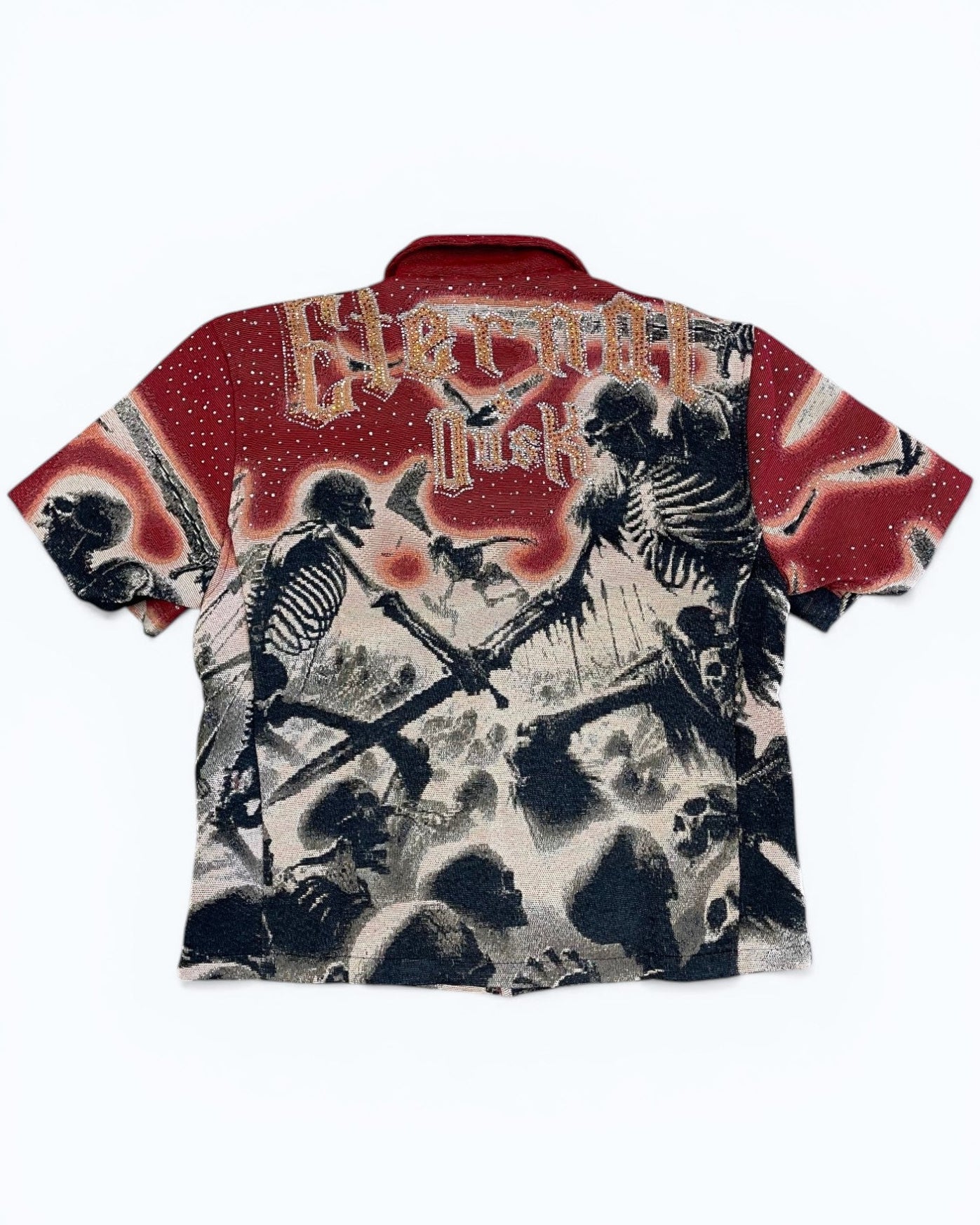 Short-sleeve shirt with a graphic design on the back featuring skeletons and swords.