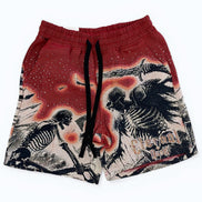 Red shorts with skeleton design on a white background