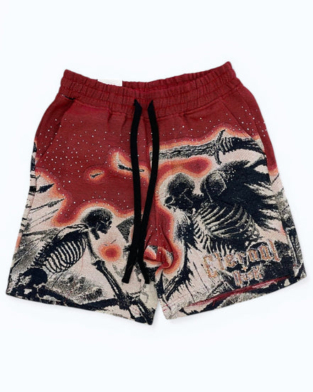 Red shorts with skeleton design on a white background