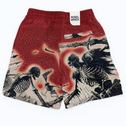 Red shorts with skeleton design and 'Rebel Minds' tag on a white background