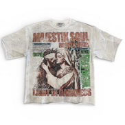 T-shirt with graphic design and text on a white background