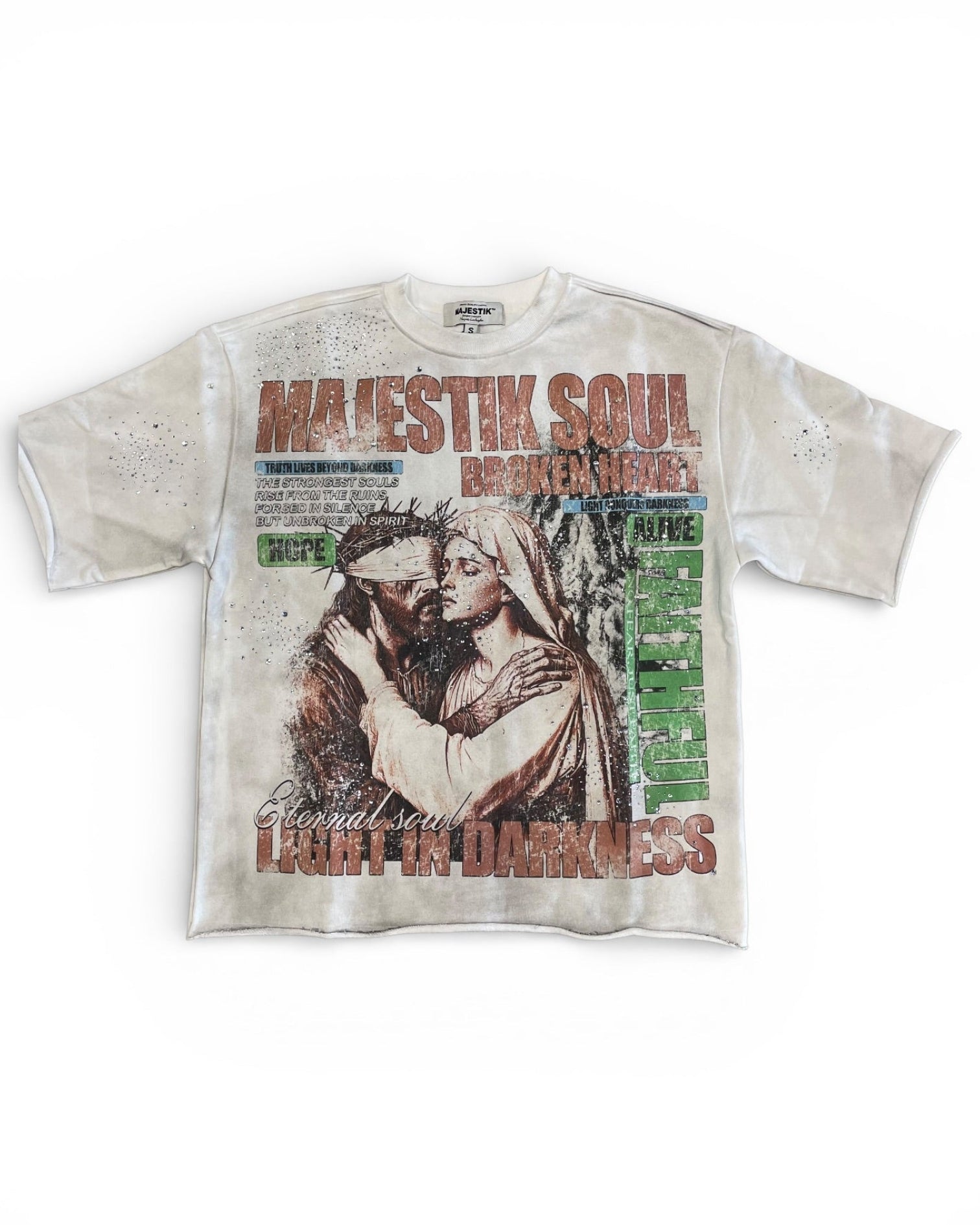 T-shirt with graphic design and text on a white background