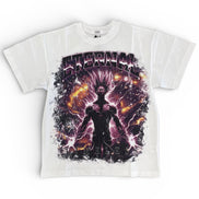 White t-shirt with a graphic design of a character in a superhero pose on a white background