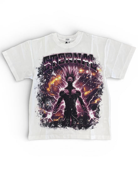 White t-shirt with a graphic design of a character in a superhero pose on a white background