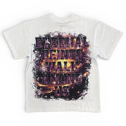 White t-shirt with a graphic design and text on a white background
