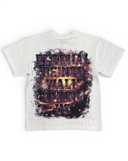 White t-shirt with a graphic design and text on a white background
