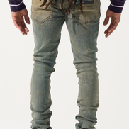 Person wearing blue jeans and a purple jacket with text on a white background