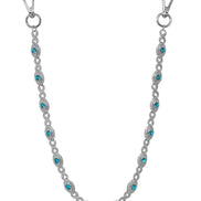 Silver chain with blue gemstones on a white background