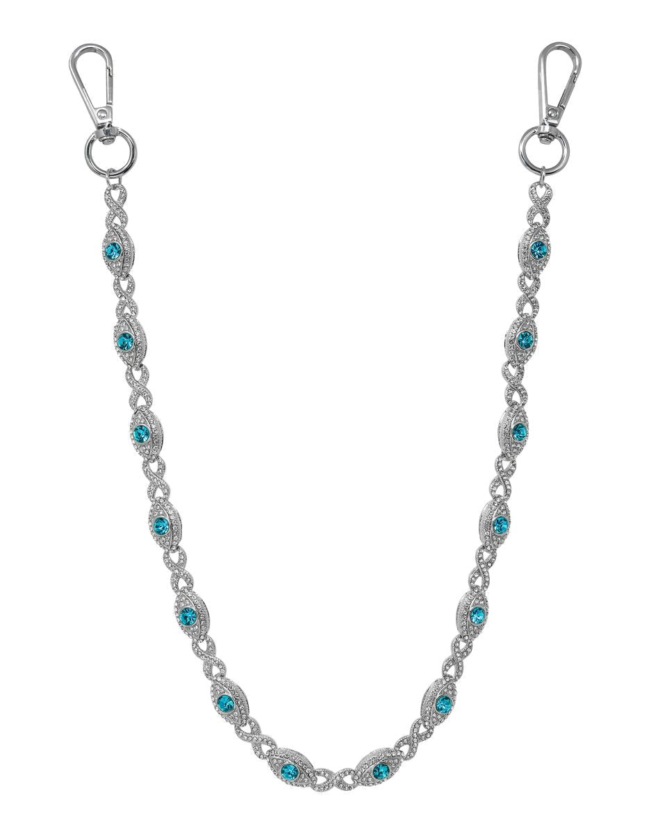 Silver chain with blue gemstones on a white background