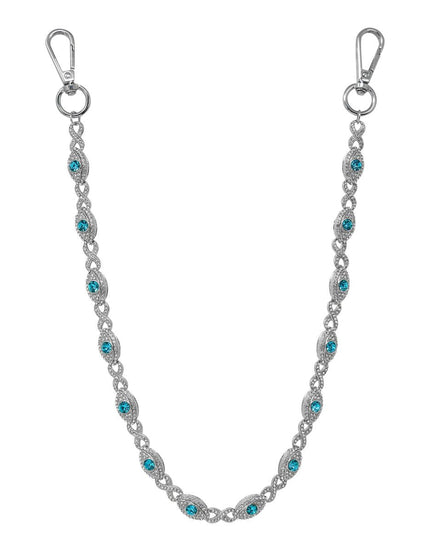 Silver chain with blue gemstones on a white background