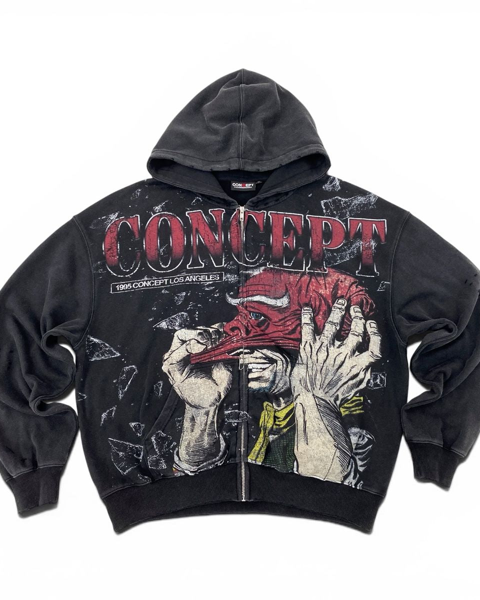 A black Concept album 'Love Sells' zip-up hoodie featuring a large graphic print of a hand holding a red sneaker with the word 'CONCEPT' in red letters across the chest.