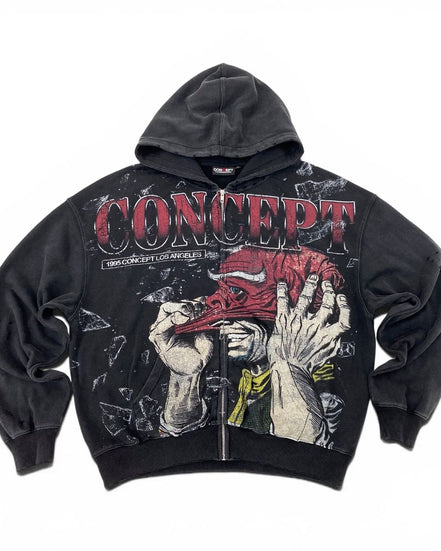 A black Concept album 'Love Sells' zip-up hoodie featuring a large graphic print of a hand holding a red sneaker with the word 'CONCEPT' in red letters across the chest.
