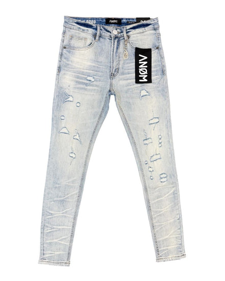 Light wash blue distressed skinny jeans with ripped details and a black brand patch on the pocket, shown flat on a white background.