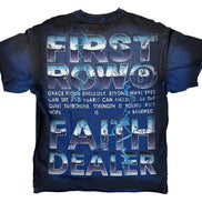 Blue t-shirt with blue and white text on a white background