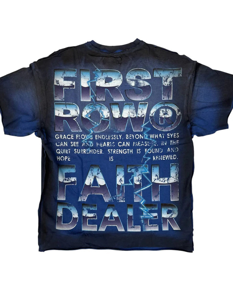 Blue t-shirt with blue and white text on a white background