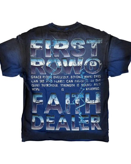 Blue t-shirt with blue and white text on a white background