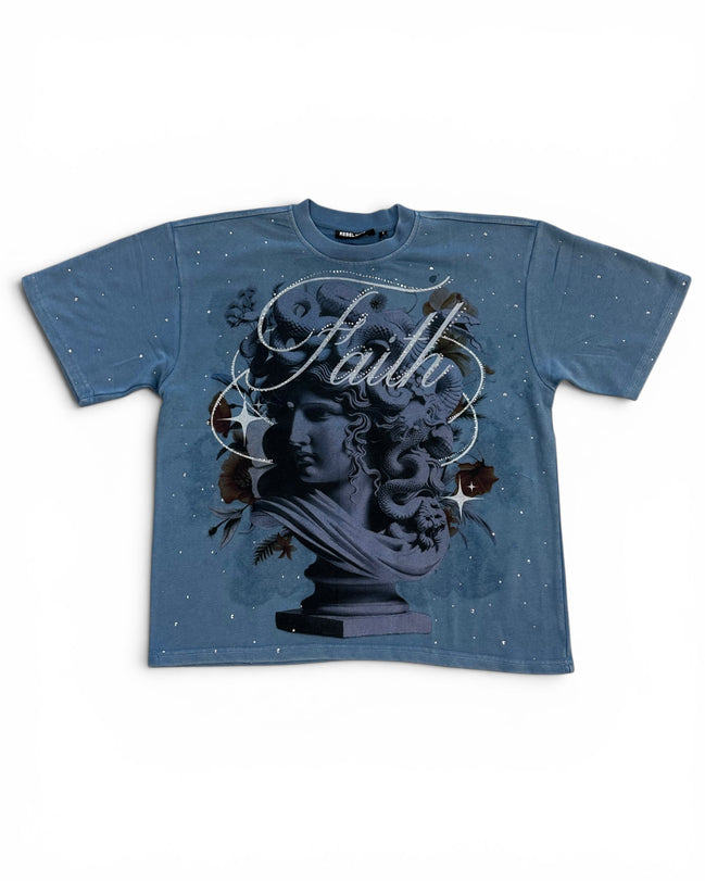 Blue t-shirt with a statue graphic and 'Faith' text on a white background