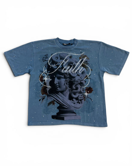 Blue t-shirt with a statue graphic and 'Faith' text on a white background