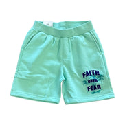 Light blue shorts with 'Faith Over Fear' text on a white background