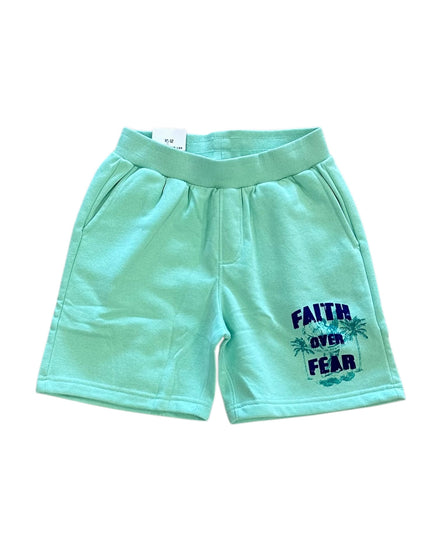 Light blue shorts with 'Faith Over Fear' text on a white background