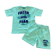 Light blue t-shirt and shorts set with 'Faith Over Fear' text on a white background
