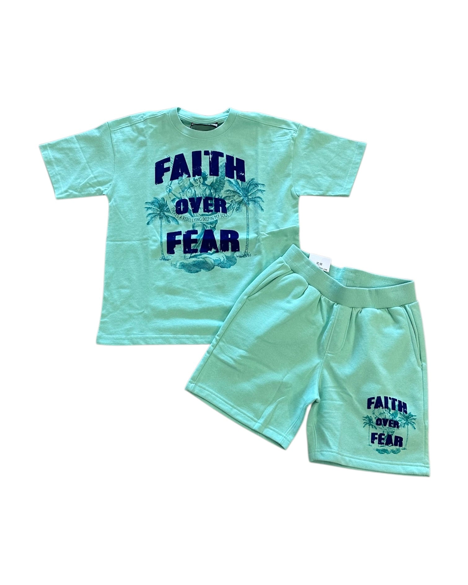 Light blue t-shirt and shorts set with 'Faith Over Fear' text on a white background