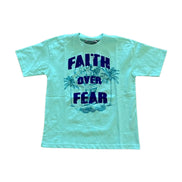 Light blue t-shirt with 'Faith Over Fear' text and palm tree design on a white background