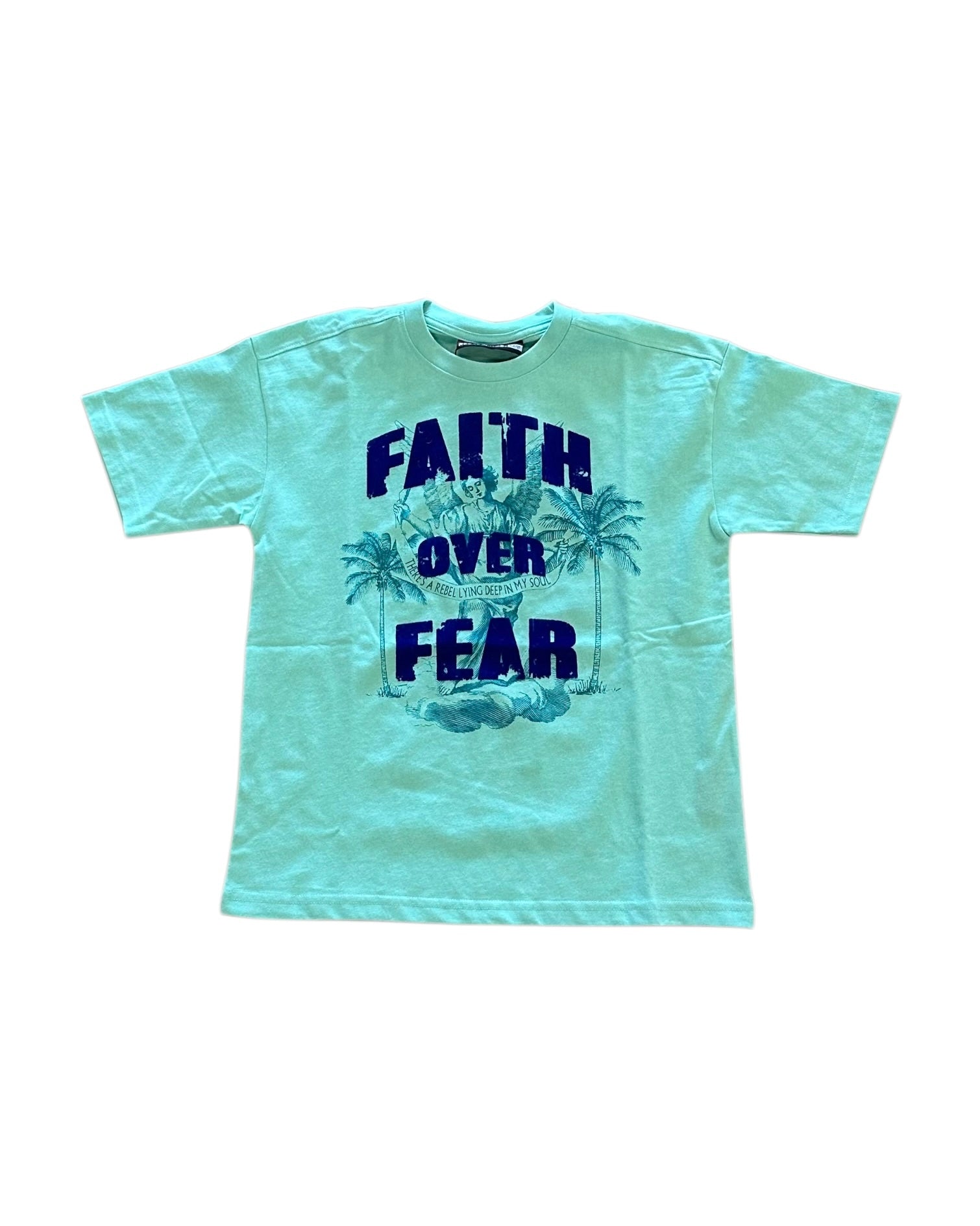 Light blue t-shirt with 'Faith Over Fear' text and palm tree design on a white background