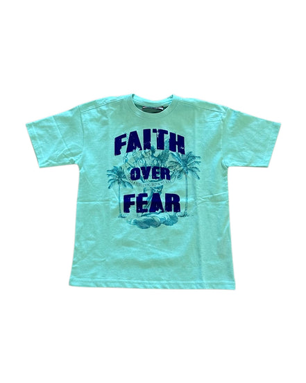 Light blue t-shirt with 'Faith Over Fear' text and palm tree design on a white background