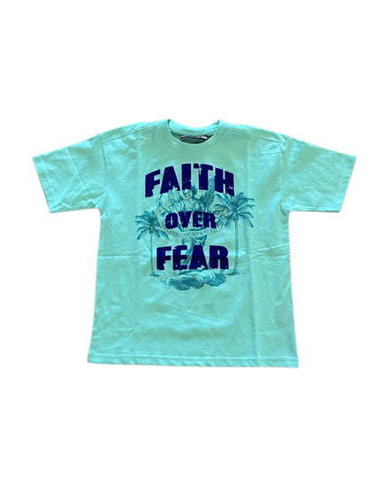 Light blue t-shirt with 'Faith Over Fear' text and palm tree design on a white background